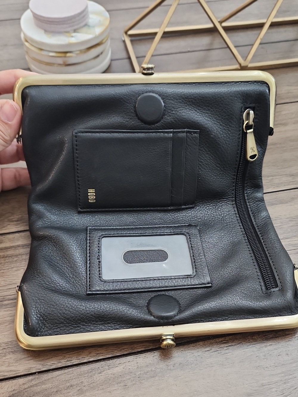 Hobo Classic Black Leather Double-Compartment Clutch with Gold Frame - Picture 4 of 15